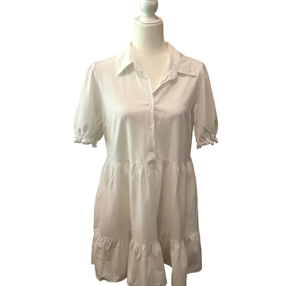 Roylamp Womens White Tiered Button-Down Dress Short Sleeves Size L